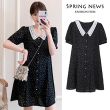 敏潮格伦孕妇夏装连衣裙短袖娃娃领小清新减龄中长款波点网红夏天雪纺裙子 黑色 3XL