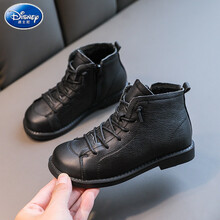 迪士尼（Disney）女童鞋马丁靴眞皮2020新款儿童秋冬款皮靴子男童棉鞋短靴加绒冬 黑色 21