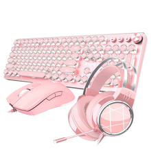 牧马人K100粉色少女机械键盘鼠标套装有线外接台式电脑复古电竞游戏键鼠笔记本耳机三件套网红吃鸡外设 樱花粉白光-青轴【朋克版】+M1粉色静音鼠标+耳机