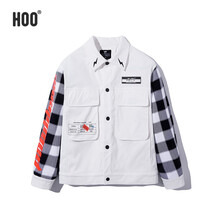 hoo男童工装风夹克中大童黑白格翻领外套单排扣潮童短款韩版茄克 白色 165