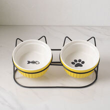 陶瓷猫碗高脚护颈双碗固定架防打翻宠物猫狗食盆水碗倾斜保护颈椎 黄色双碗配黑色猫耳朵倾斜架一套