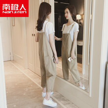 南极人孕期孕妈穿的背带裤套装夏季孕妇背带裤女套装2021夏装新款韩版宽松减龄小个子薄款哺乳孕妇裤 卡其色背带裤+白色短袖【套装】 XL