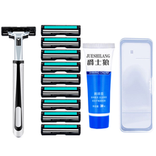 爵士狼旋转手动剃须刀 男士手动刮胡刀双层刀片老式胡须刀通用刀架2层刀头刮胡子刀片 剃毛刀剃腿毛 1刀架+9刀头+剃须膏（含收纳盒）