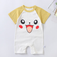 2021新款夏季婴儿连体衣服新生儿宝宝纯棉短袖薄款爬爬服哈衣 黄白笑脸 66码(建议8-12斤)