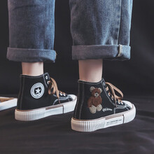 夏沫帆布鞋女高帮韩版百搭2021春季新款网红潮流卡通小熊学生板鞋子 黑卡其色 37