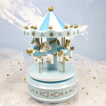 旋转木马音乐盒旋转木马生日蛋糕装饰摆件儿童音乐盒生日快乐生日派对用品摆件 蓝色音乐木马(淡蓝)