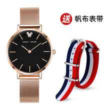 迪士尼风手表女学生韩版简约防水高中气质法国小众手表女森女 小号镶钻玫瑰金黑色