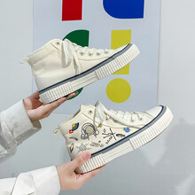 飞耀高帮帆布鞋女学生百搭饼干鞋星球宇航员韩版2021新款涂鸦鞋子女板鞋港风ins潮鞋 1728白色 36