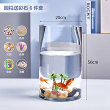 金鱼缸 玻璃水族箱小型创意生态圆形圆柱大号乌龟缸造景培装饰时尚创意家居圆柱鱼缸360°无死角观赏 20*50圆柱+彩石6件套