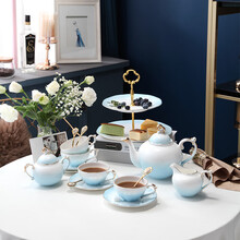 INGRI（英格丽）咖啡杯套装家用轻奢陶瓷下午茶具托盘花茶壶杯碟骨瓷小奢华礼盒装 8件云似海（1大壶6杯1托盘带勺）礼盒装