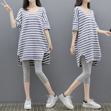 孕妇装夏装孕妇裤子夏季外出新款孕妇打底裤宽松孕妇套装孕妈装夏天上衣短袖T恤孕妇裙 条纹两件套装 M