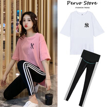 孕妇装夏装套装外出时尚款洋气两件套怀孕网红款潮妈夏季休闲运动装夏款 粉色上衣+托腹裤（套装） XL