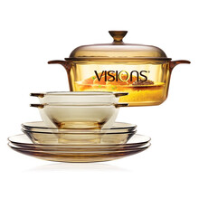 康宁餐具套装 茶色耐热玻璃碗碟盘套装6件组+1.25/2.25L透明玻璃锅汤锅炖锅组合家用 CW茶色6件组+1.25L康宁锅