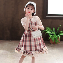 洛丽塔儿童裙子女童连衣裙夏季新款格子洋气短袖小女孩萝莉裙子3-12岁中大童穿的公主裙 酒红色 160cm