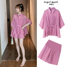 麦士豆孕妇装夏装时尚款潮妈气质外出哺乳网红夏季休闲短裤两件套装 粉色 L