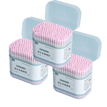 妙倩500支盒装双头棉签掏耳化妆卸妆棉花棒清洁竹制一次性圆尖头棉棒 粉色纸棒双圆头3盒（单盒200支，共600支）