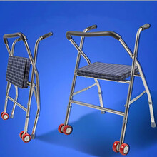 加粗加厚老年人助行器带轮带座助步器老人手推车不锈钢折叠残疾人学步车助力车坐面双轮辅助器 银灰色