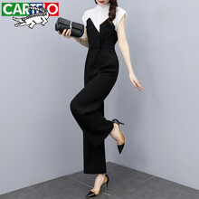卡帝乐鳄鱼（CARTELO）2021夏季新款休闲连衣裤黑色显瘦阔腿裤时尚拼色连体裤套装女 黑白领连体裤 L