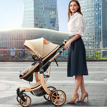艾米乐婴儿推车可坐可躺高景观宝宝童车轻便折叠双向减震手推车 金管车架（卡其色）四轮减震PU轮