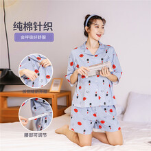 孕之彩孕妇装夏季翻领纯棉宽松侧开口针织可哺乳家居服孕妈产后月子服套装 兰色 L