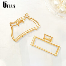 优家（UPLUS）复古简约金属抓夹鲨鱼夹2个装（猫咪+方形 发卡发夹盘发顶夹 后脑勺发夹 发饰头饰）