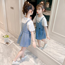 迪士尼Disney女童连衣裙夏装2021新款童装女孩牛仔背带裙子儿童洋气网红公主裙 蓝色 105cm(105cm)