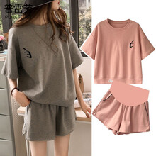 普雷芳孕妇装夏套装外出时尚款怀孕网红套装小个子孕妇短袖短裤托腹休闲运动两件套潮妈夏 灰色套装 M