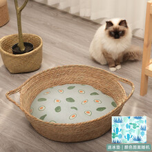 疯狂的小狗 猫窝藤编夏季编织凉窝四季通用半封闭式房子别墅猫咪床屋宠物用品 蒲草窝【牛油果垫+夏日冰垫】 L(25斤内-底部直径42cm，高15cm)