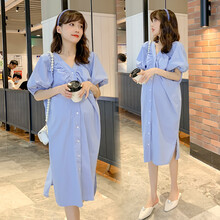 敏潮格伦孕妇装2021新款v领轻熟短袖宽松休闲纯色韩版长款夏季衬衫连衣裙 蓝色连衣裙 M