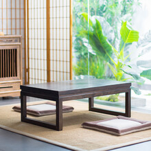 窗台桌飘窗桌 老榆木榻榻米茶几实木飘窗桌子小茶几日式矮桌子炕桌榻榻米桌 深胡桃色60*40*30 整装