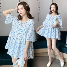 伊沐纯孕妇装套装夏孕妇上衣宽松短袖牛仔短裤外穿潮妈两件套 蓝色波点+浅蓝色短裤 M