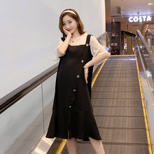 郁彼 孕妇装夏装孕妇裙夏季夏天外穿孕妇连衣裙假两件背带宽松大码孕妇裙子孕妈装 黑色 M