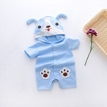 标点熊可爱卡通婴儿连体衣服男女宝宝哈衣新生儿短袖包屁衣儿童连帽爬爬服纯棉睡衣外出薄款空调服可开档夏季 蓝小狗 80码 建议身高73-80