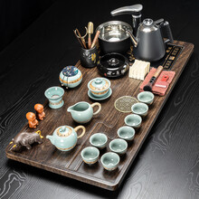 桥艺 茶具套装全自动一体茶盘家用功夫茶杯陶瓷泡茶壶客厅中式茶海 哥窑《竹韵》茶具大套装+（月圆）防烫炉四合一茶盘