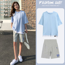 瑾依惠孕妇装夏季新款外出时尚孕妇上衣+托腹裤两件套潮妈休闲孕妇套装 蓝色套装 XXL