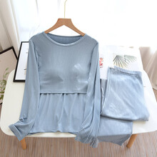 月子服夏季薄款上衣夏天莫代尔6月份哺乳衣夏季薄款五5月份4产妇喂奶透气 莫代尔-套装款--蓝色 M