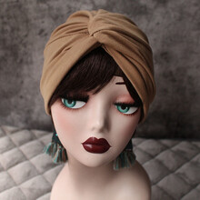 发带包头巾交叉包头帽月子帽光头帽子复古民族女遮白发套头帽 卡其