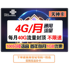 中国联通 （归属地可选）联通卡流量卡电话卡低月租上网卡联通卡号4g语音王 联通手机卡套餐腾讯大王卡  天神卡每月送4G通用流量100分钟语音通话