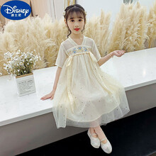 迪士尼（品牌同款）时尚洋气女孩子穿的女童汉服连衣裙2021新款夏装儿童中国风襦裙古装纱裙仙公主裙子 浅黄色 110cm
