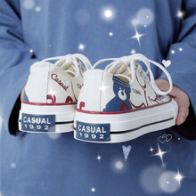 彤弗帆布鞋女学生涂鸦板鞋新款国潮休闲鞋女手绘潮鞋 8951米色 38