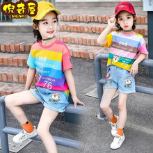 倪奇屋 童装女童套装夏装新款2021夏季儿童套装时尚洋气短袖T恤裤子中大童小女孩短裤两件套3到15岁 玫红猫咪套装 160 建议身高150CM