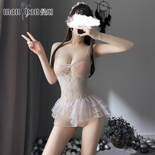 曼烟 情趣内衣女 制服诱惑 性感免脱透视深V吊带情趣套装女 波点花边连体衣 吊带柔纱裙