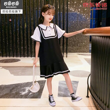 巴拉巴拉旗下Badibadi 女大童夏季雪纺连衣裙洋气2021新款女孩短袖学院风公主裙潮鱼尾裙 黑色 120