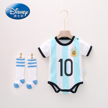 迪士尼品牌特卖满月宝宝穿的婴儿球服连体纯棉帅气拍照衣服男宝宝篮球运动球衣背心包屁衣夏季新生幼儿夏装衣 A根庭足球三角哈衣+浅蓝袜子 59/40(建议6-11斤)