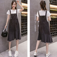新品女装孕妇装潮妈两洋气连衣裙宽松中长款2021夏季孕妈牛仔背带裙 ic3-631#黑色 XL：120-135斤