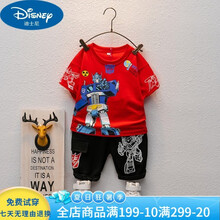 迪士尼童装男童短袖套装2021新款2岁男孩衣服4卡通变形金刚短袖t恤运动裤子两件套3-5岁幼童衣服6 红色 100