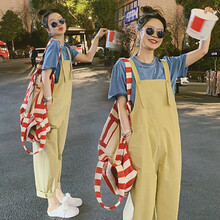 芷玥 孕妇装套装夏季夏款孕妇套装孕妇两件套外出外穿宽松大码孕妈装 蓝色上衣+卡其背带裤 2XL