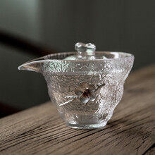 日式防烫玻璃盖碗茶杯  加厚耐热玻璃盖碗防烫日式手抓泡茶碗大号锤纹家用单个茶杯碗茶具 手抓锤纹盖碗(锡花)