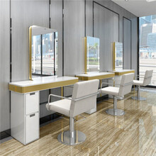 发廊网红专用理石镜台美发店镜子带灯双面带柜LED灯不锈钢烫染镜 金色理石单面镜 标配