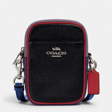 蔻驰 COACH 奢侈品 女士黑色拼色牛皮革单肩斜挎手机包91079 SVA47